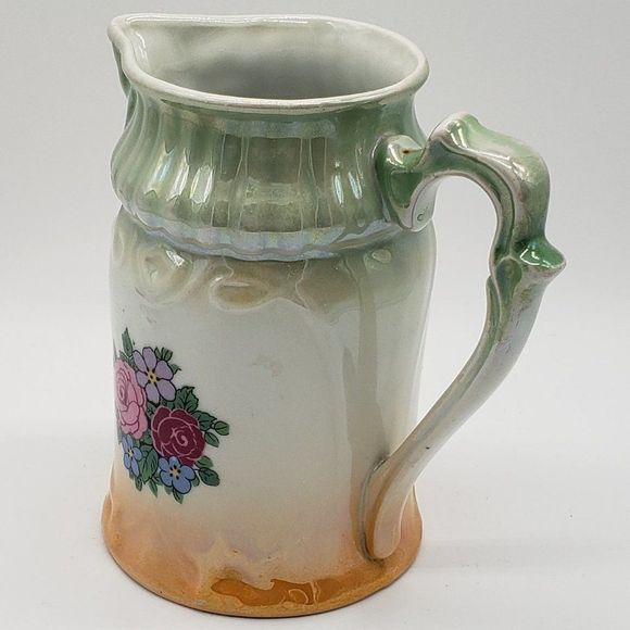 RWC Bavaria MCM White Porcelain Floral Orange Green Lusterware Pitcher or Vase - Picture 7 of 16